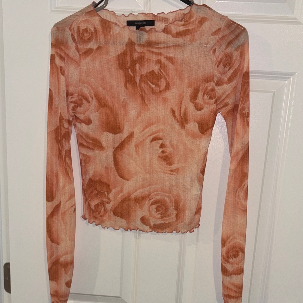Y2K Sheer Mesh Rose Print Long Sleeve Top Fairy Grunge